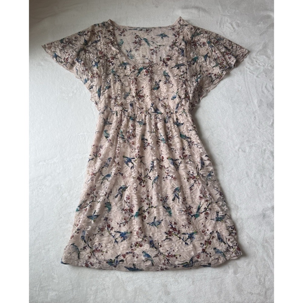 Charlotte Russe Beige Floral Bird‎ Lace Ruffle Short Dress XS Fairy Cottagecore